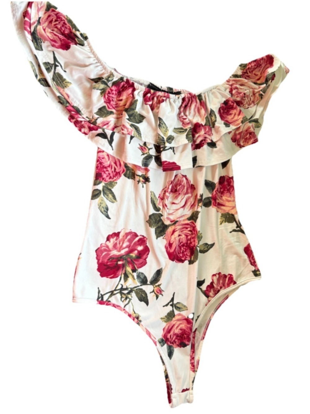 Polly & Esther Floral Bodysuit Off Shoulder Ruffle Pink Rose White Extra Small